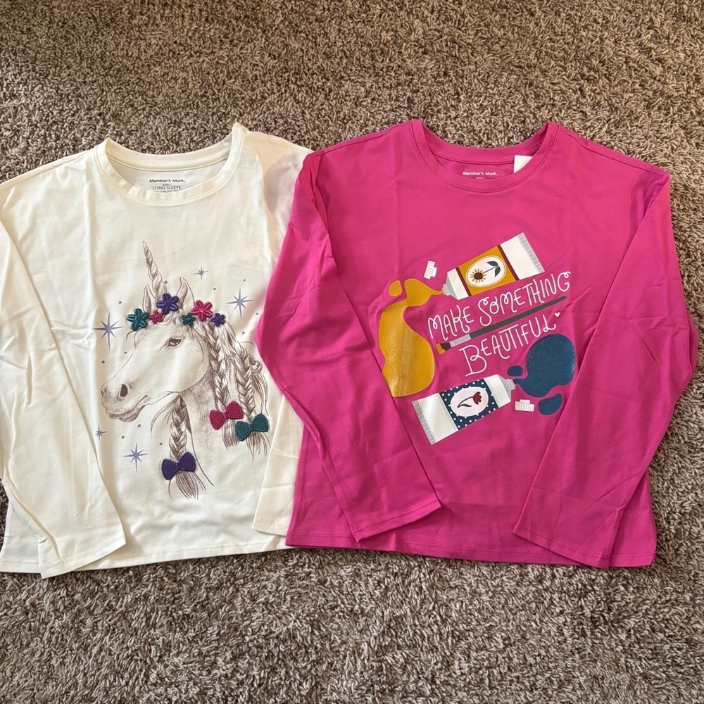 Girls' Unicorn and Graphic Long Sleeve Tees - White and Pink